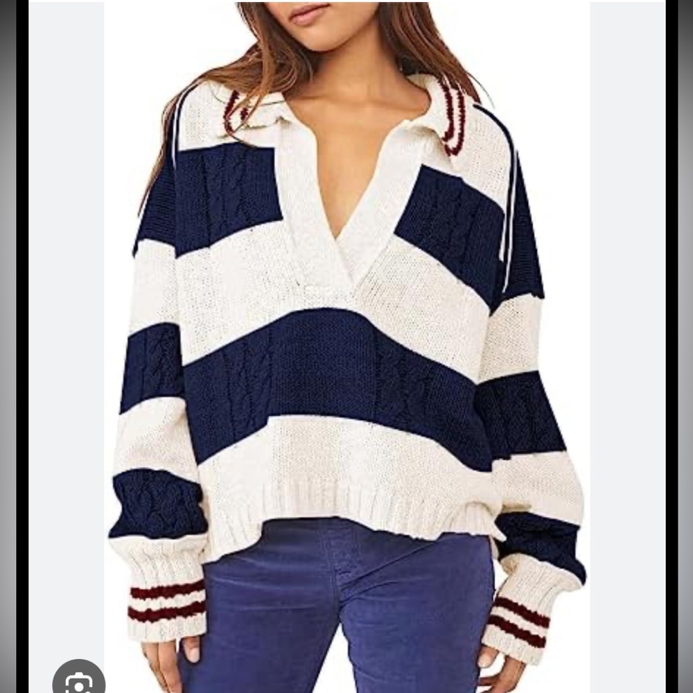 NWOT Women's Striped Oversized Pullover Sweaters Lapel Collar V Neck Long Sleeve